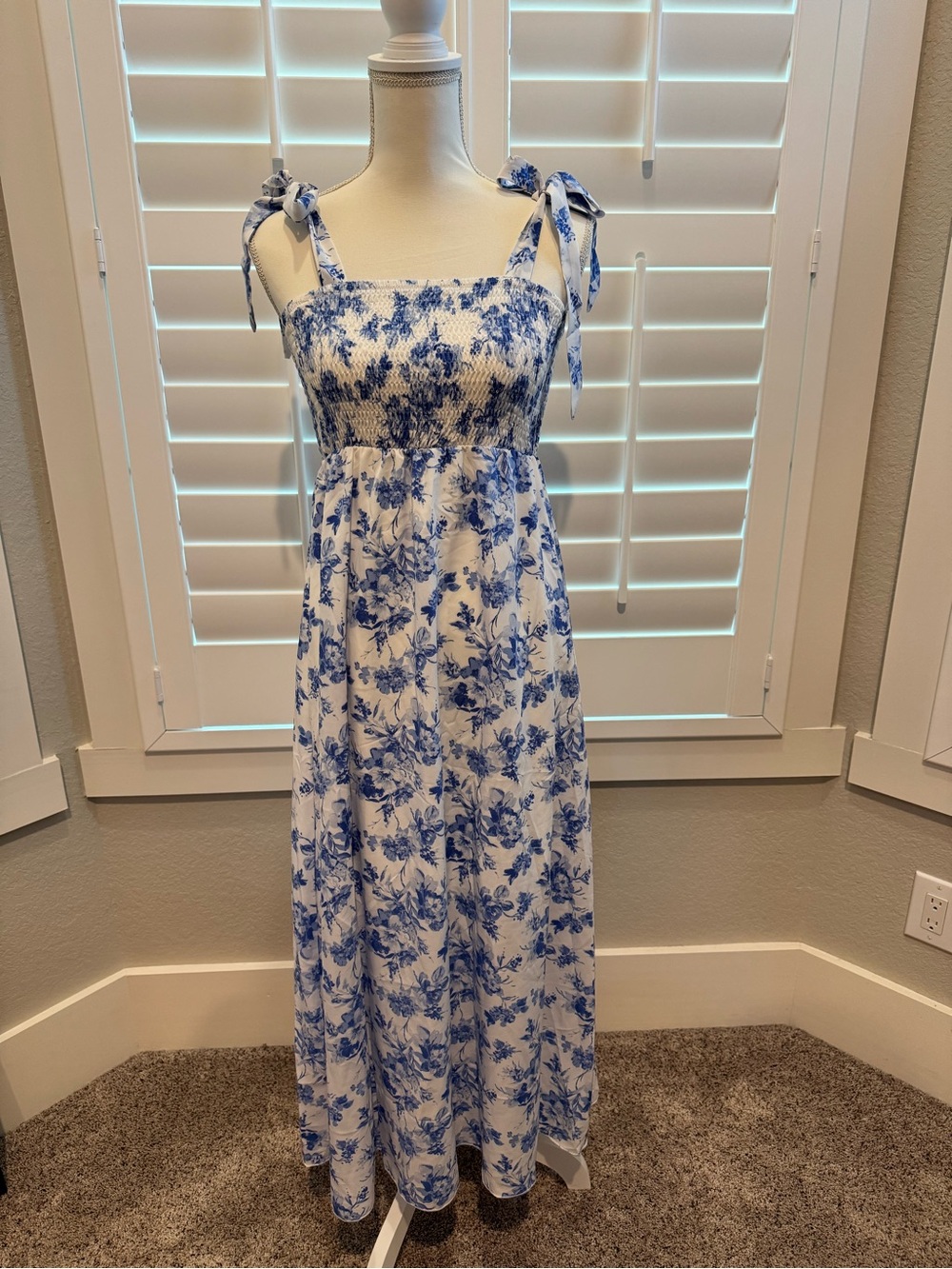 Blue and White Floral Tie-Shoulder Maxi Dress